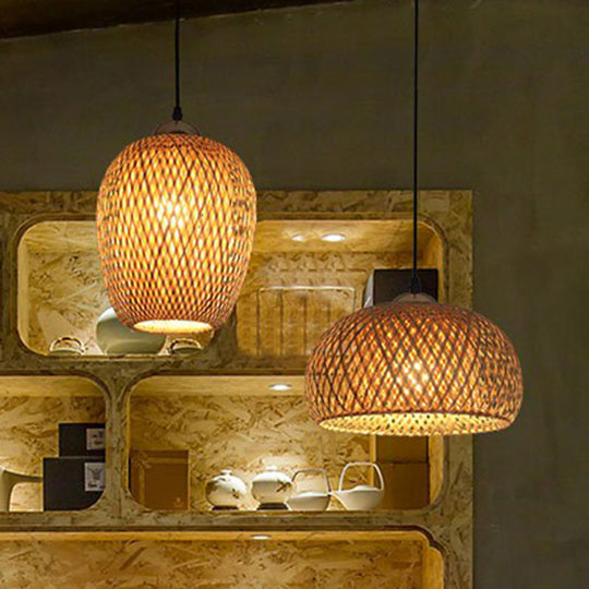 South-East Asian Bamboo Pendant Light with 3 Handmade Shades for Restaurant Ambiance