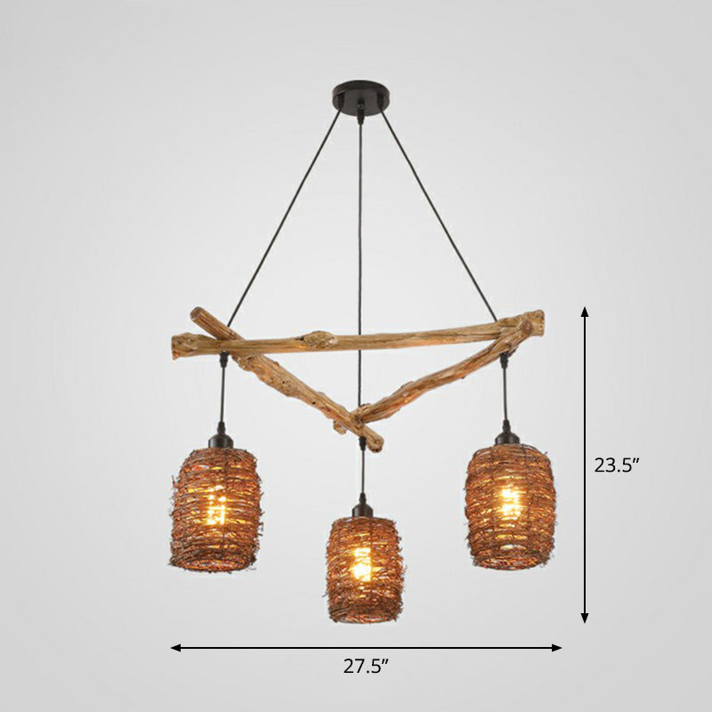 Nordic 3-Bulb Island Light Brown Branch Pendant With Wooden Shade - Perfect For Bedrooms Wood / 27.5