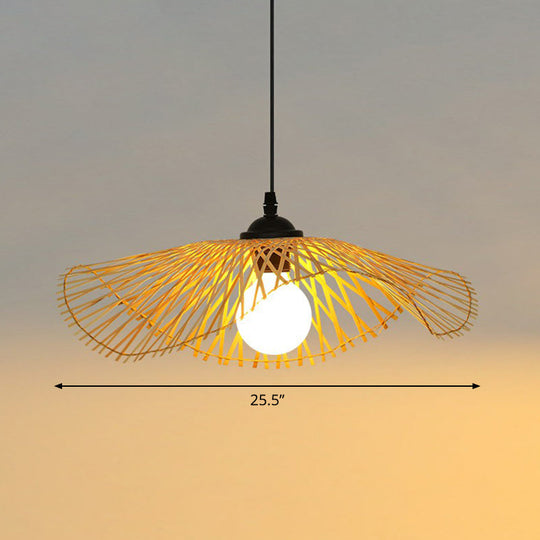 Chinese Style Bamboo Ceiling Pendant Light With Lotus Leaf Design Wood / 25.5