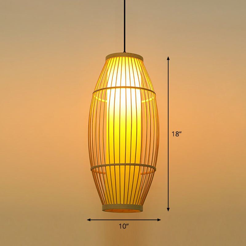 Wooden Barrel Shaped Asian Pendant Light - Bamboo 1 Bulb Restaurant Hanging Lighting Wood / 10