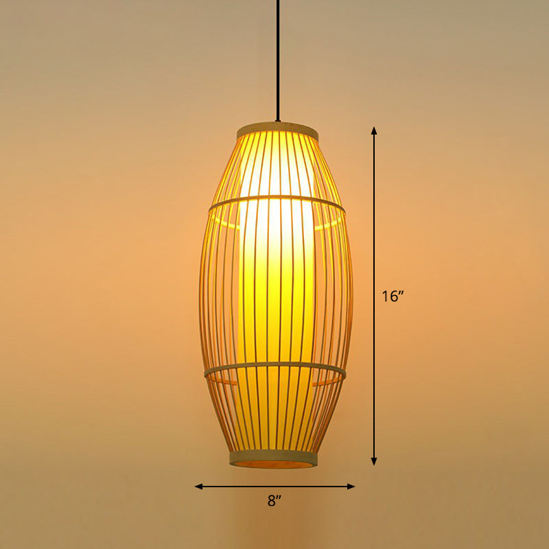 Bamboo Barrel Asian Pendant Light for Restaurants - Wood Finish with 1 Bulb