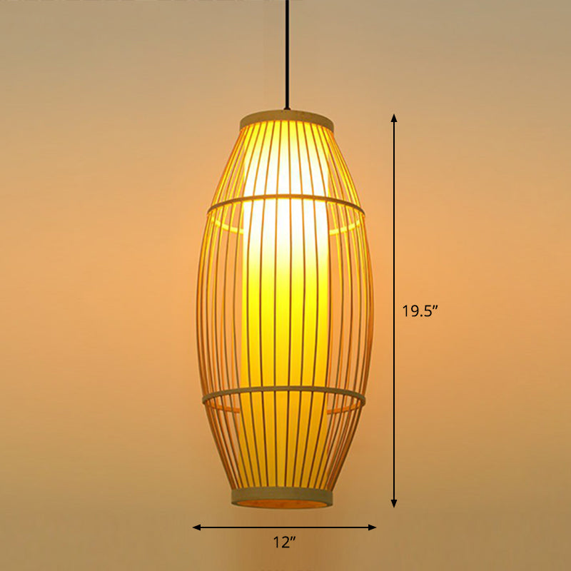 Bamboo Barrel Asian Pendant Light for Restaurants - Wood Finish with 1 Bulb