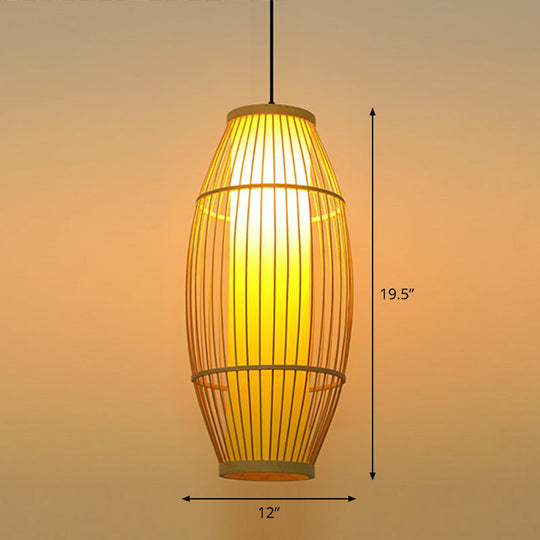 Wooden Barrel Shaped Asian Pendant Light - Bamboo 1 Bulb Restaurant Hanging Lighting Wood / 12