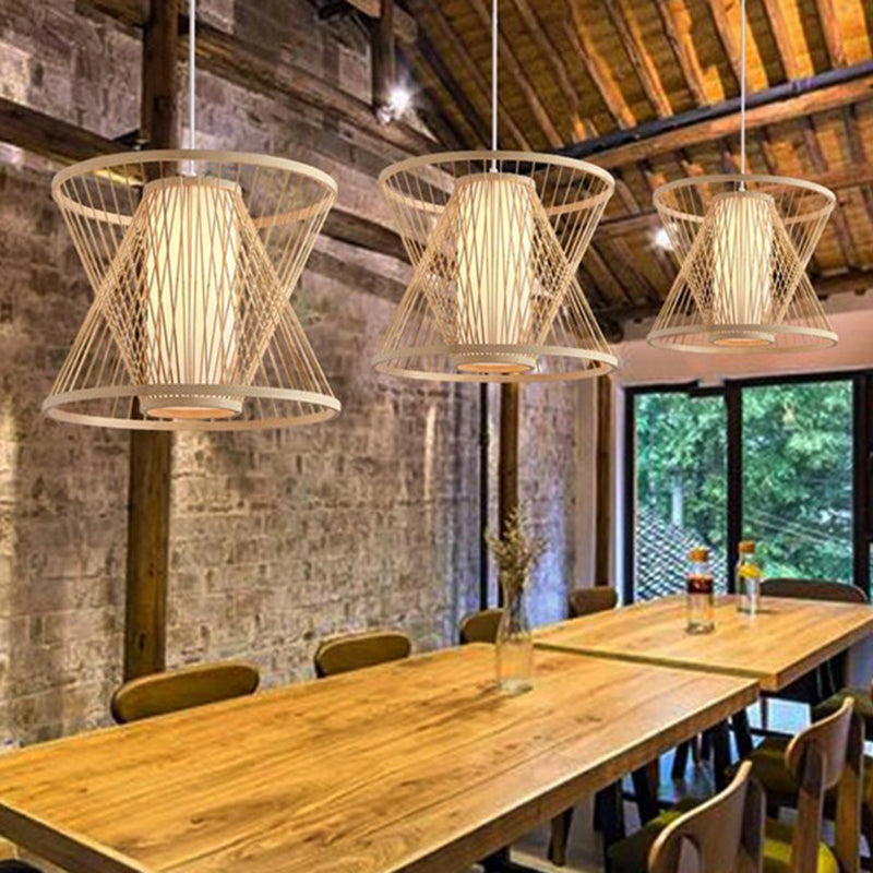 Nordic Bamboo Conical Cage Pendant Light - 1-Light Hanging Suspension for Dining Room