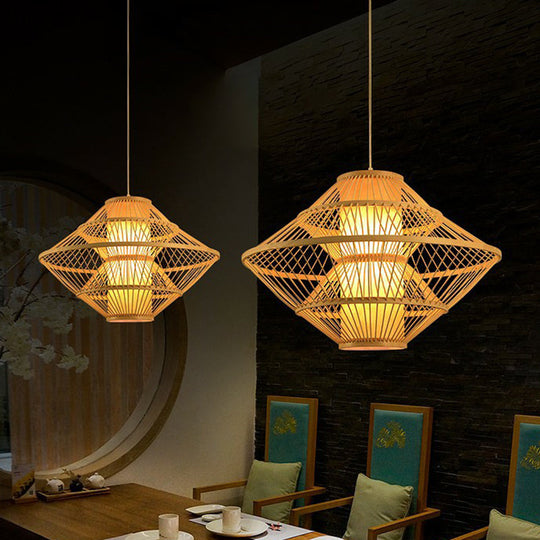 Modern Bamboo Rhombus Pendant Light Fixture For Restaurants Single Wood Ceiling Hang