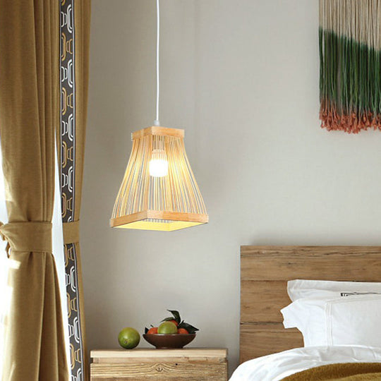 Nordic Style Trapezoid Bamboo Bedside Pendant Lamp - Wood Finish, 1 Bulb