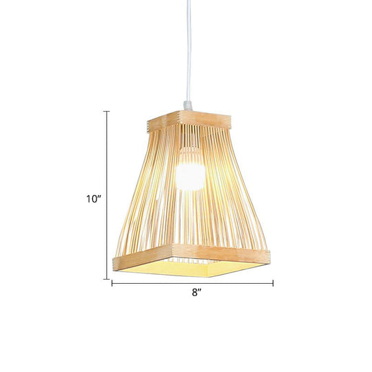 Nordic Style Trapezoid Bamboo Bedside Pendant Lamp - Wood Finish, 1 Bulb