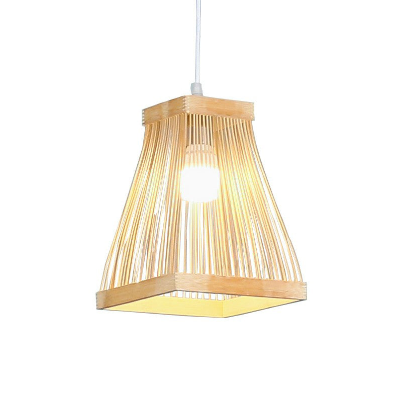 Nordic Style Bamboo Bedside Pendant Lamp With Wood Accents - Trapezoid Shape 1 Bulb