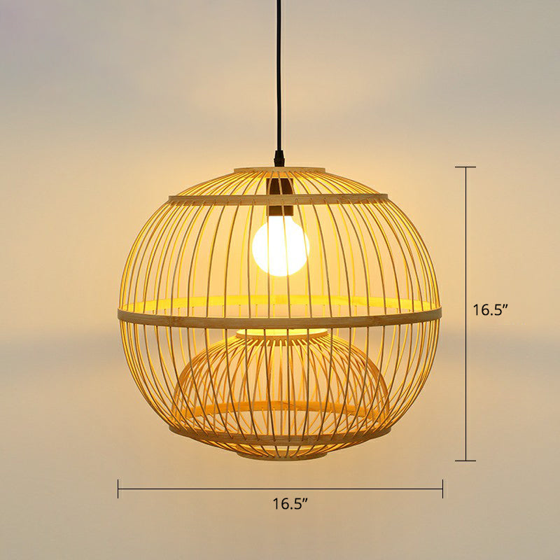 Handcrafted Bamboo Pendant Light For Dining Room - Asian Style Wood / Small Globe