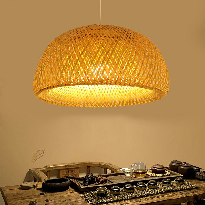 2-Layered Bamboo Dome Ceiling Pendant Light - Single-Bulb Tea Room Hang Lamp in Wood