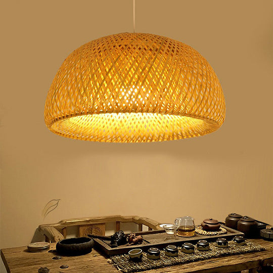 2-Layered Bamboo Dome Ceiling Pendant Light - Single-Bulb Tea Room Hang Lamp in Wood