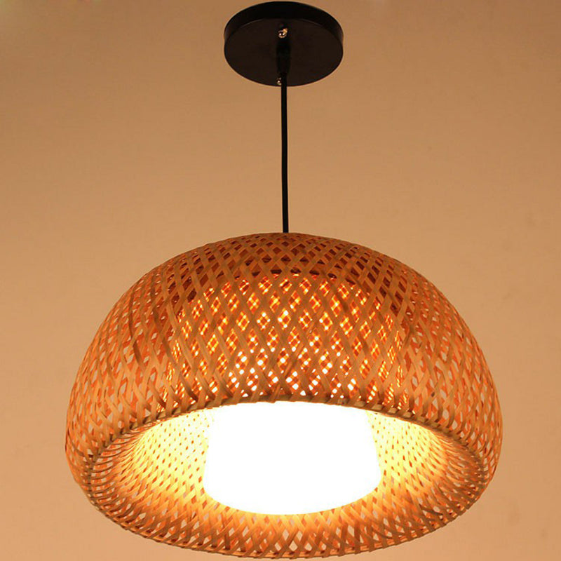 2-Layered Bamboo Dome Ceiling Pendant Light - Single-Bulb Tea Room Hang Lamp in Wood