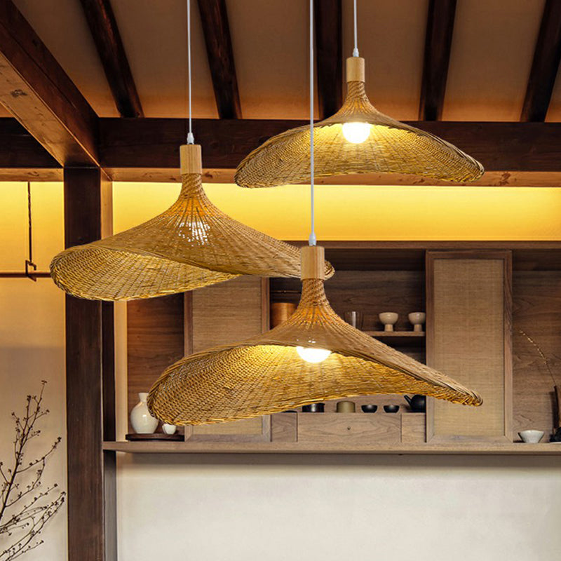 Asian Bamboo Pendant Light with Hat Design - 1-Light Wood Hanging Lamp for Tearoom