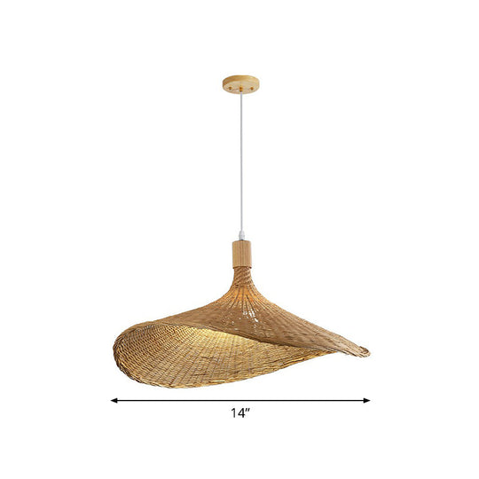 Asian Bamboo Hat Pendant Light Fixture - 1-Light Wood Hanging Lamp For Tearoom / 14