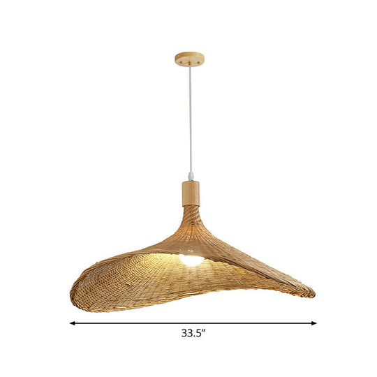 Asian Bamboo Hat Pendant Light Fixture - 1-Light Wood Hanging Lamp For Tearoom / 33.5