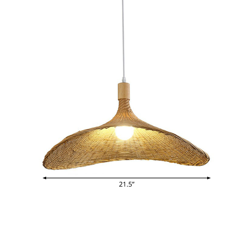 Asian Bamboo Pendant Light with Hat Design - 1-Light Wood Hanging Lamp for Tearoom