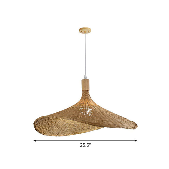 Asian Bamboo Pendant Light with Hat Design - 1-Light Wood Hanging Lamp for Tearoom