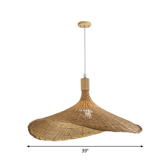 Asian Bamboo Pendant Light with Hat Design - 1-Light Wood Hanging Lamp for Tearoom