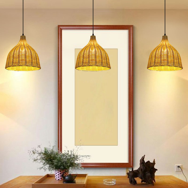 Bamboo Tea Room Pendant Lamp: Asian-Inspired Wood Ceiling Light With Bell Shade And Single Bulb