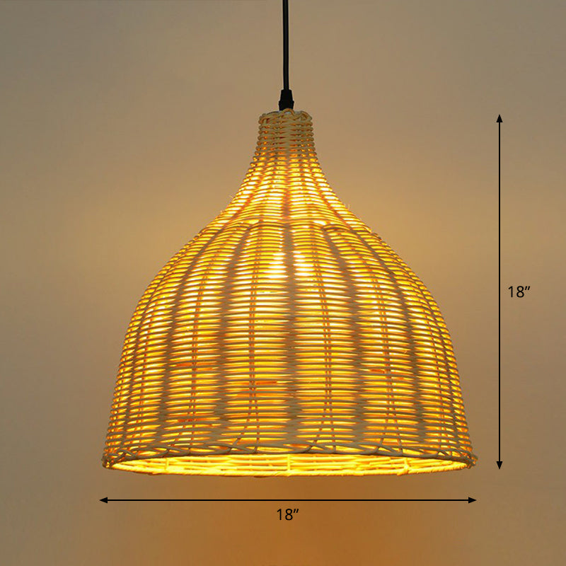 Bamboo Tea Room Pendant Lamp: Asian-Inspired Wood Ceiling Light With Bell Shade And Single Bulb / 18