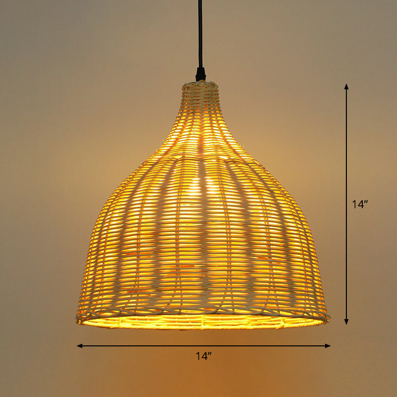 Bamboo Asian Pendant Lamp: Bell Shade Tea Room Ceiling Suspension Light – Single-Bulb Wood Design