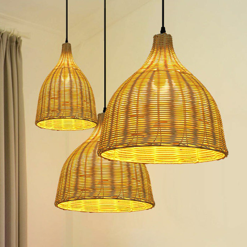 Bamboo Asian Pendant Lamp: Bell Shade Tea Room Ceiling Suspension Light – Single-Bulb Wood Design