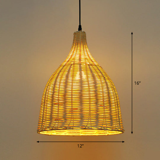 Bamboo Asian Pendant Lamp: Bell Shade Tea Room Ceiling Suspension Light – Single-Bulb Wood Design