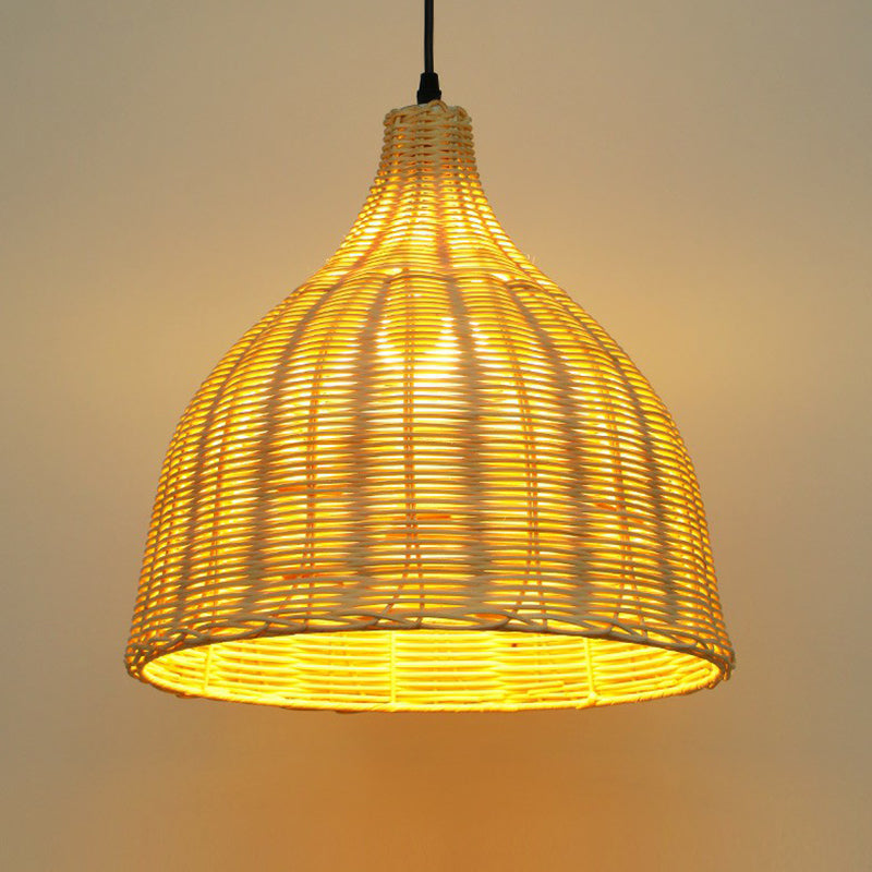 Bamboo Asian Pendant Lamp: Bell Shade Tea Room Ceiling Suspension Light – Single-Bulb Wood Design