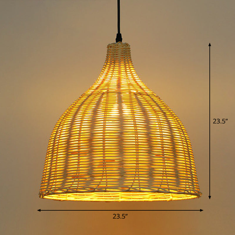 Bamboo Asian Pendant Lamp: Bell Shade Tea Room Ceiling Suspension Light – Single-Bulb Wood Design