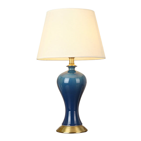 Blue Pottery Base Bedside Table Lamp With Modern Empire Shade Night Light