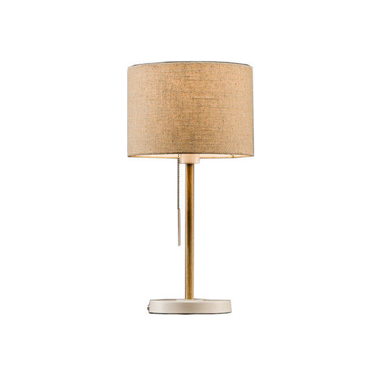 Postmodern Drum Fabric Table Light: 1-Head Beige Nightstand Lamp With Pulling Chain