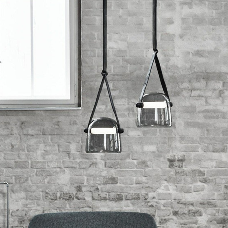 Smoke Grey Glass Pendulum Light - Nordic Single-Bulb Pendant with Adjustable Leather Strap