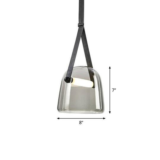 Smoke Grey Glass Pendulum Light - Nordic Single-Bulb Pendant with Adjustable Leather Strap