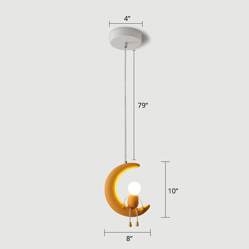 Resin Moon & Stick Figure Hanging Light - Creative 1-Head Pendant For Kids Bedroom Yellow