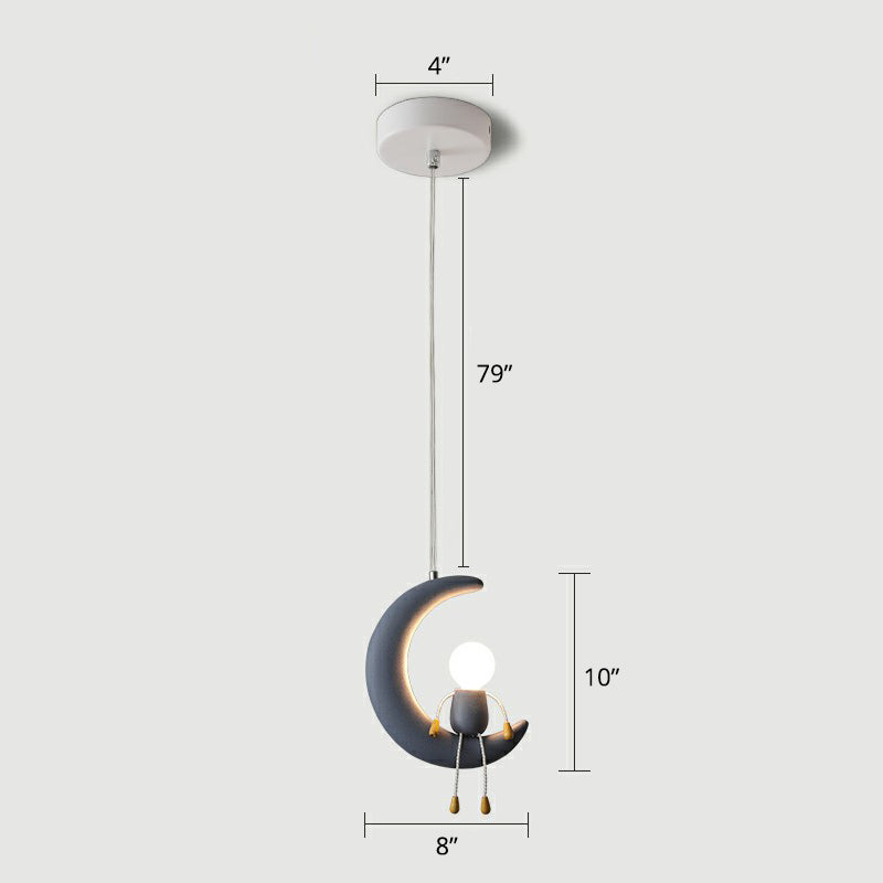 Kid's Bedroom Moon & Stick Figure Pendant Light - Creative Resin Design with 1 Head Drop