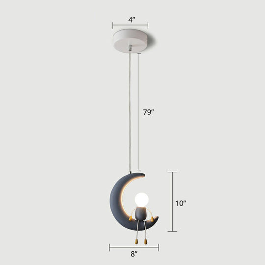 Resin Moon & Stick Figure Hanging Light - Creative 1-Head Pendant For Kids Bedroom Blue