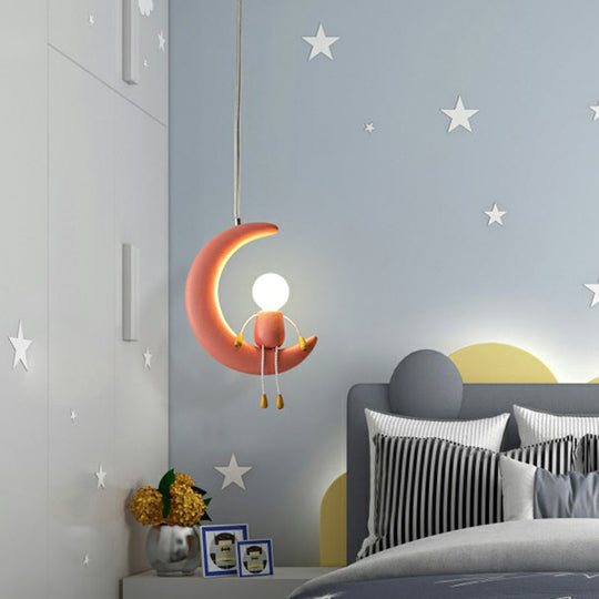 Resin Moon & Stick Figure Hanging Light - Creative 1-Head Pendant For Kids Bedroom