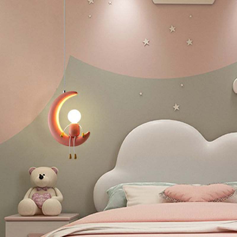 Kid's Bedroom Moon & Stick Figure Pendant Light - Creative Resin Design with 1 Head Drop