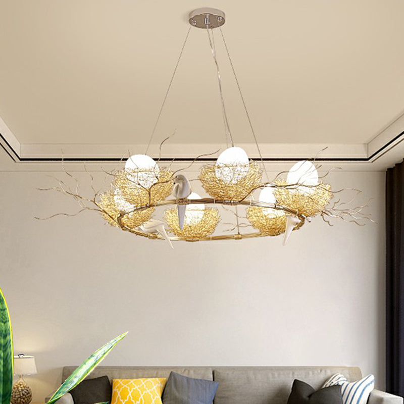 Gold Aluminum Pendant Light with Artistic Bird Nest and Egg Design for Dining Room