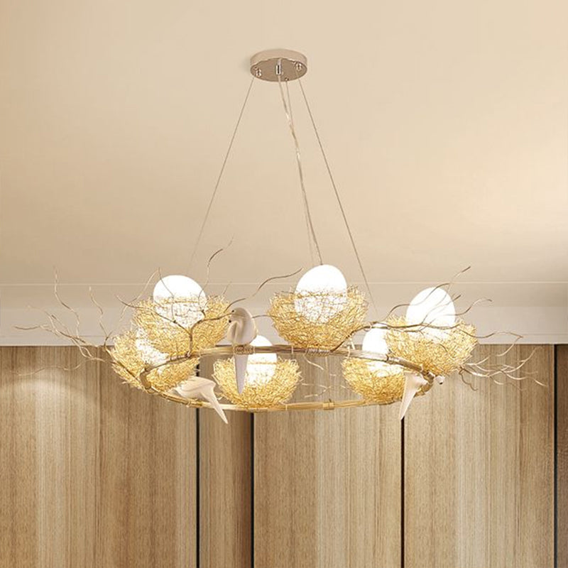 Gold Aluminum Pendant Light with Artistic Bird Nest and Egg Design for Dining Room