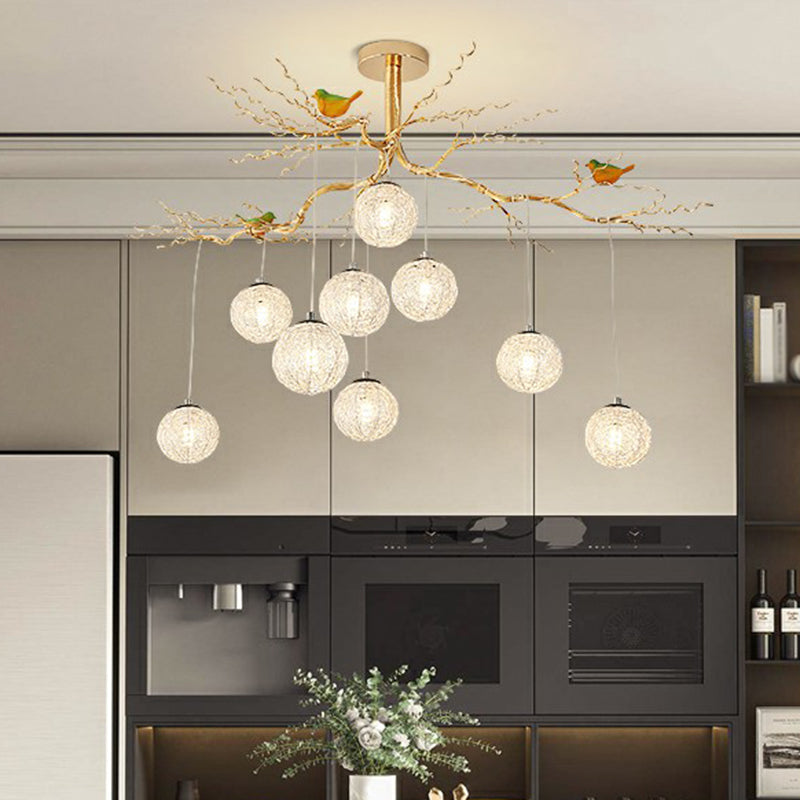 LED Ball Tree Chandelier: Artistic Gold Hanging Lamp with Bird Decor, Aluminum Wire