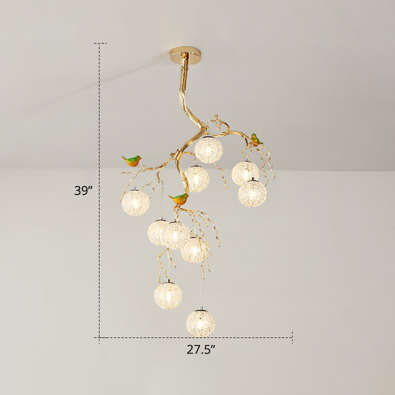 LED Ball Tree Chandelier: Artistic Gold Hanging Lamp with Bird Decor, Aluminum Wire