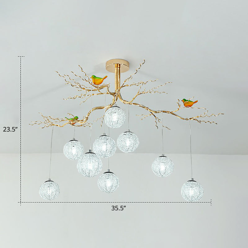 LED Ball Tree Chandelier: Artistic Gold Hanging Lamp with Bird Decor, Aluminum Wire