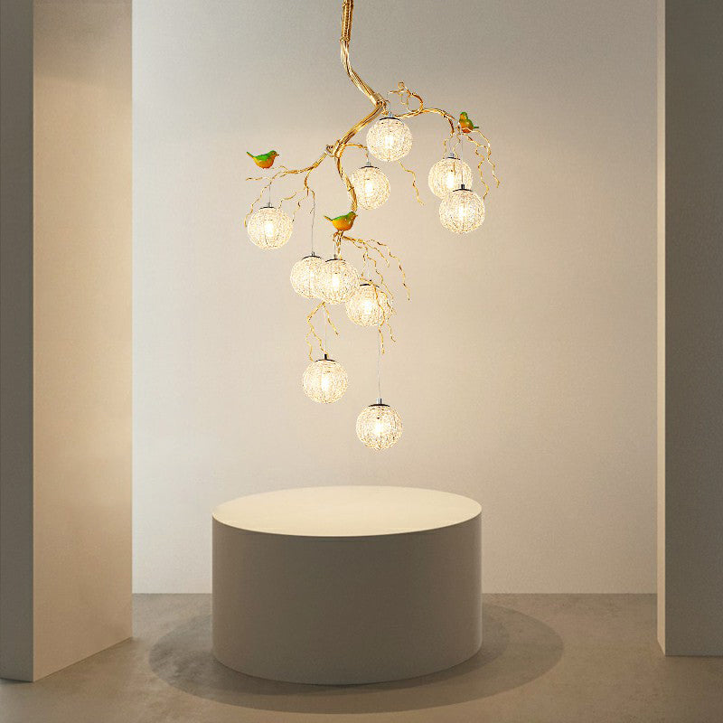 LED Ball Tree Chandelier: Artistic Gold Hanging Lamp with Bird Decor, Aluminum Wire