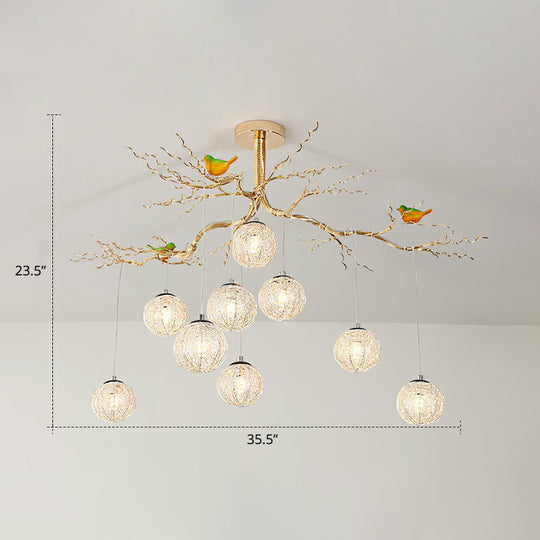 LED Ball Tree Chandelier: Artistic Gold Hanging Lamp with Bird Decor, Aluminum Wire