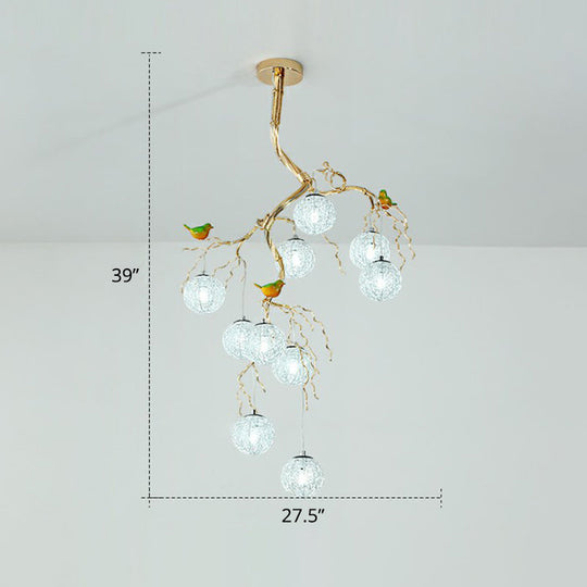 LED Ball Tree Chandelier: Artistic Gold Hanging Lamp with Bird Decor, Aluminum Wire