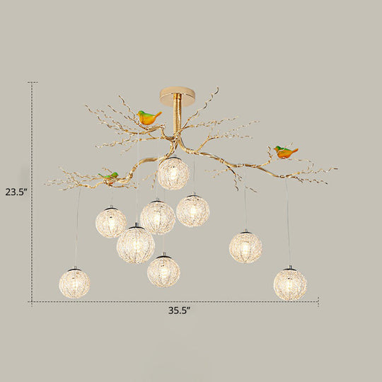 LED Ball Tree Chandelier: Artistic Gold Hanging Lamp with Bird Decor, Aluminum Wire