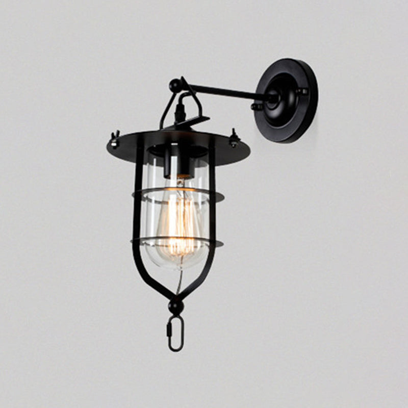 Industrial Metal Wire Cage Wall Sconce With Clear Glass Shade - Black Single Light Fixture