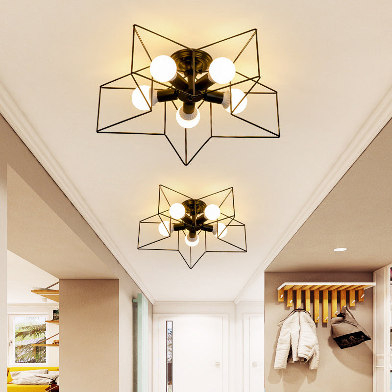 Vintage Metal Star Shaped Bedroom Ceiling Lamp - Semi Flush Mount with 5 Bulbs