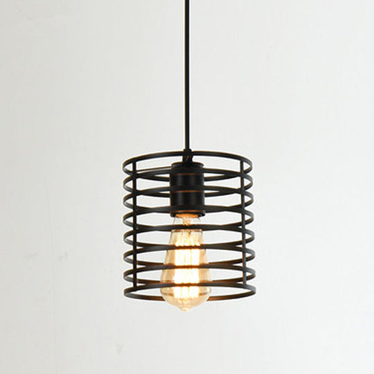 Industrial Style Single Geometrical Cage Pendant Light With Metal Black Finish / Cylinder